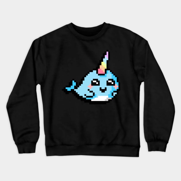 Pixel Art Cartoon Narwhal with Rainbow Pastel Horn Crewneck Sweatshirt by Contentarama